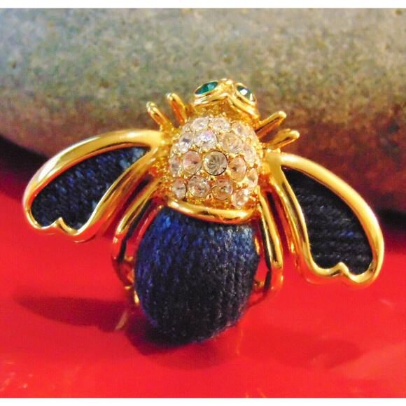 VTG Joan Rivers Blue DENIM & PAVE CRYSTAL BEE PIN Brooch Gold Plate Rhinestones! - Picture 2 of 7